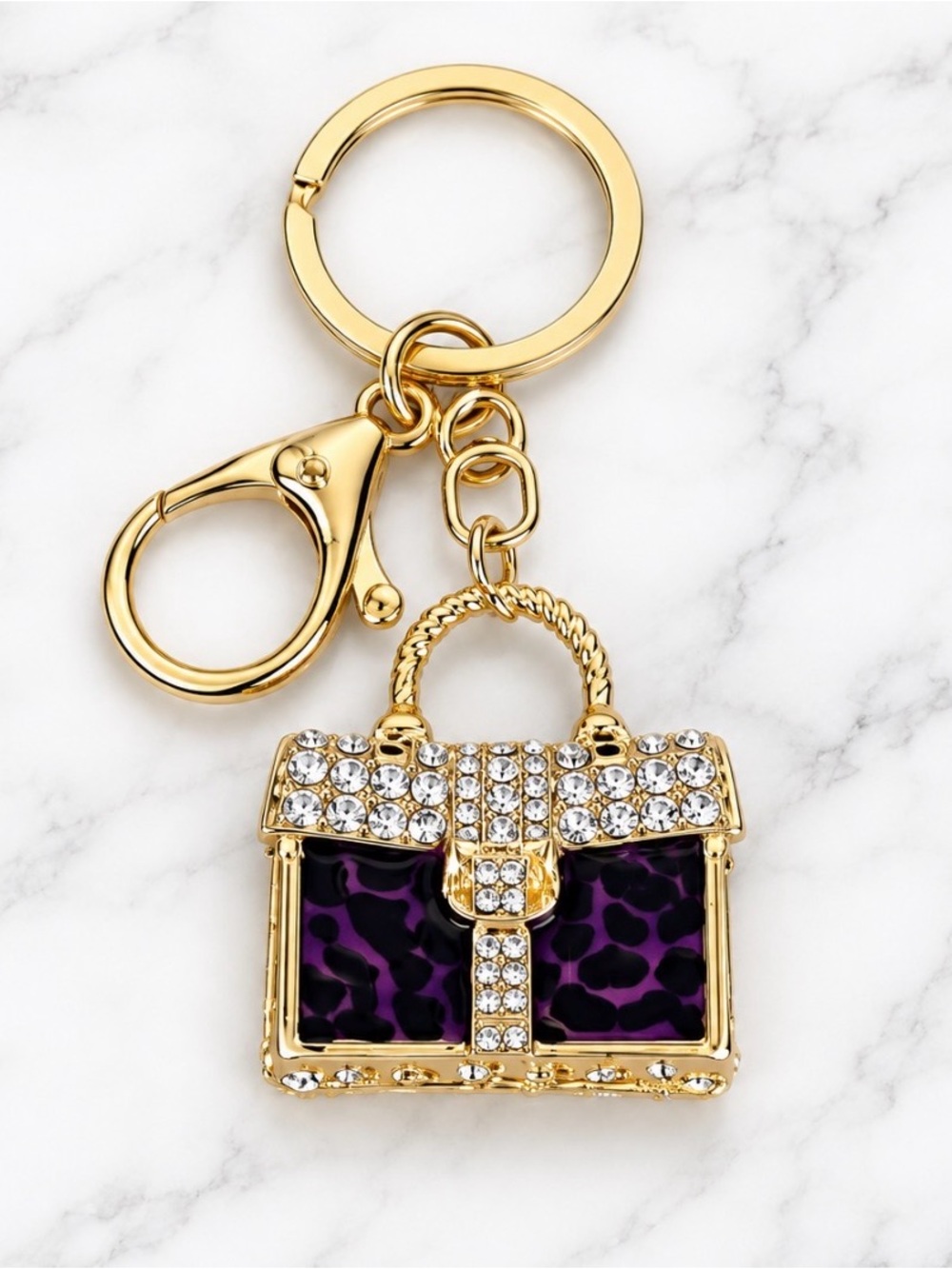 Bag Charm/Keyring-Purple Rhinestone Enamel Mini Bag Charm-Gold Hardware